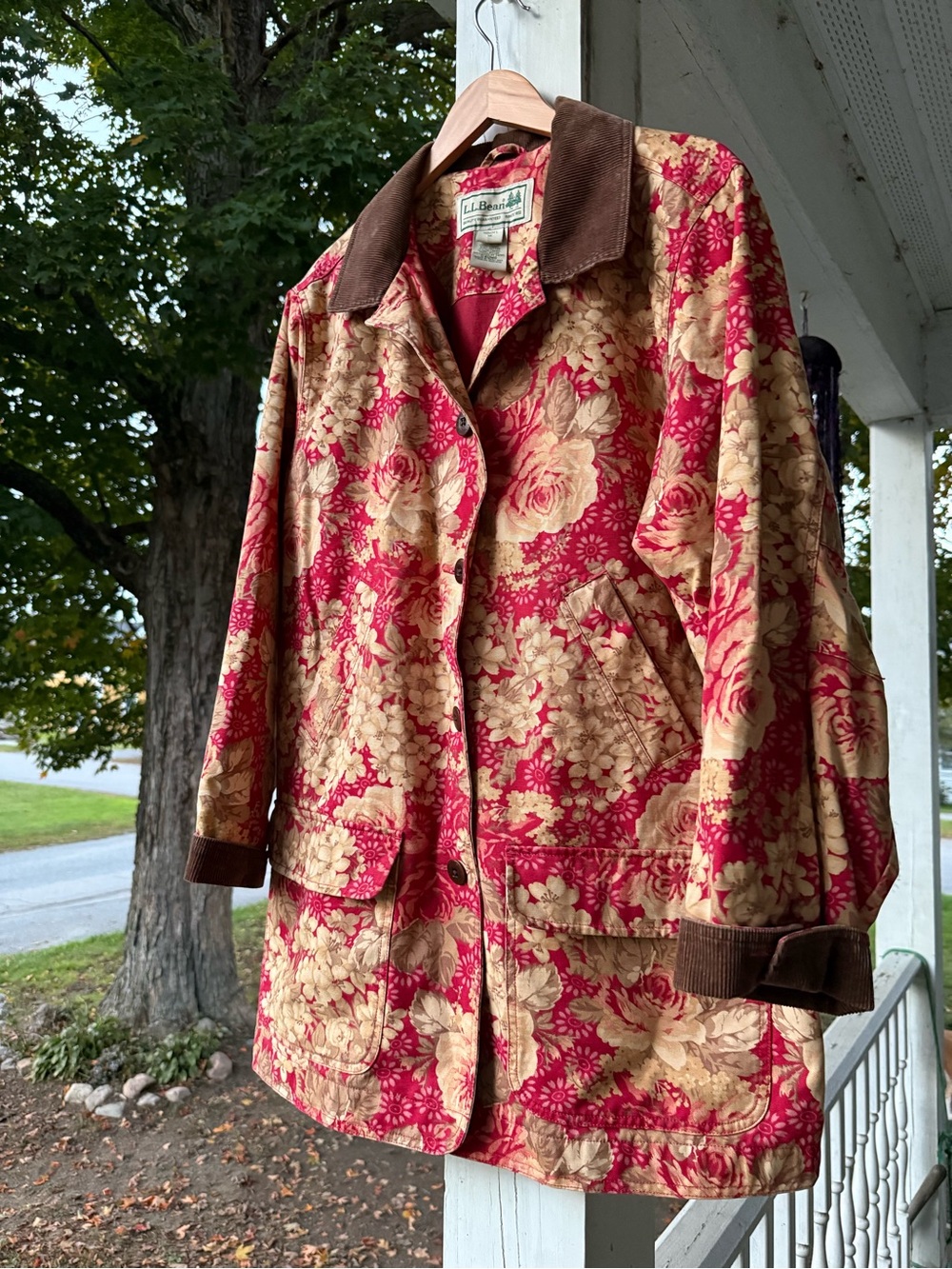 L.L. Bean Red and Tan Floral Quilted Utility Jacket with Brown Corduroy Trim